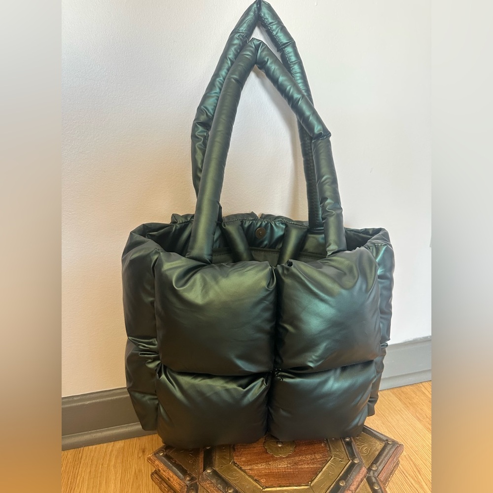 Anthropologie Green Quilted Tote Bag with Puffy Design